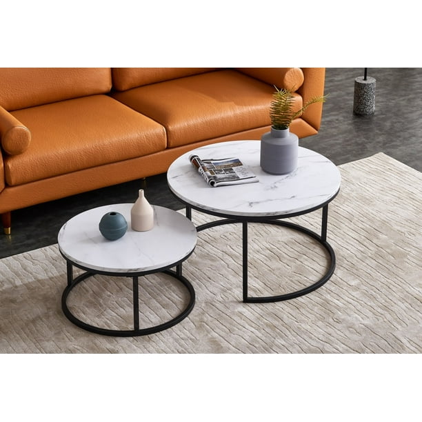 Knowlife Modern Nesting Coffee Table Round,Golden Color Frame with Marble Pattern Wood 32” 